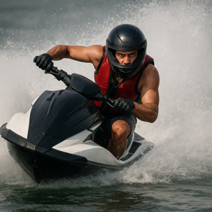 A muscular man wearing a red life vest and black helmet rides aggressively on a black-and-white jet ski, leaning into a sharp turn and creating a dramatic spray of water as he speeds across the surface.