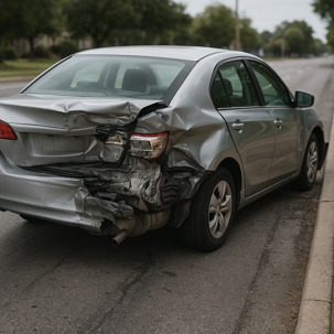 Rear-ended silver sedan with severe back-end damage from a hit and run accident parked on the roadside.